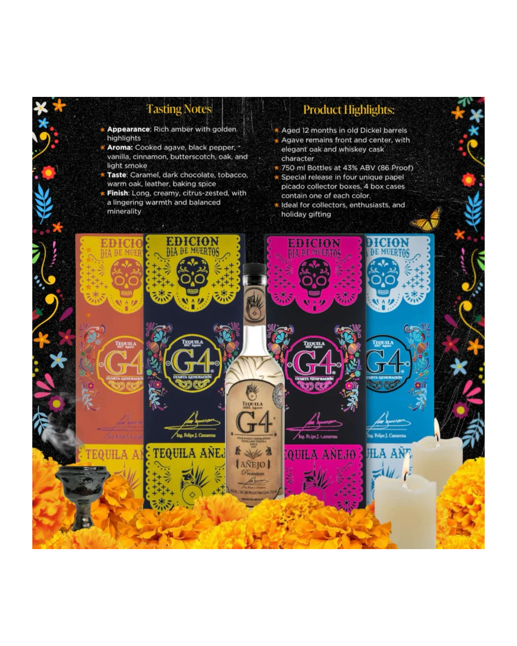 2025 G4 Edicion de Madera Dia de Muertos Anejo Tequila 750ml Bundel 4-Pack