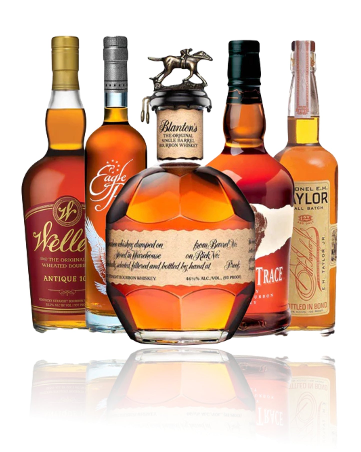 Blanton's Original, Eagle Rare 10 Year, Weller Antique 107, Buffalo Trace, and E.H. Taylor Small Batch Bourbon Whiskey Bundle 750ml 5-Pack