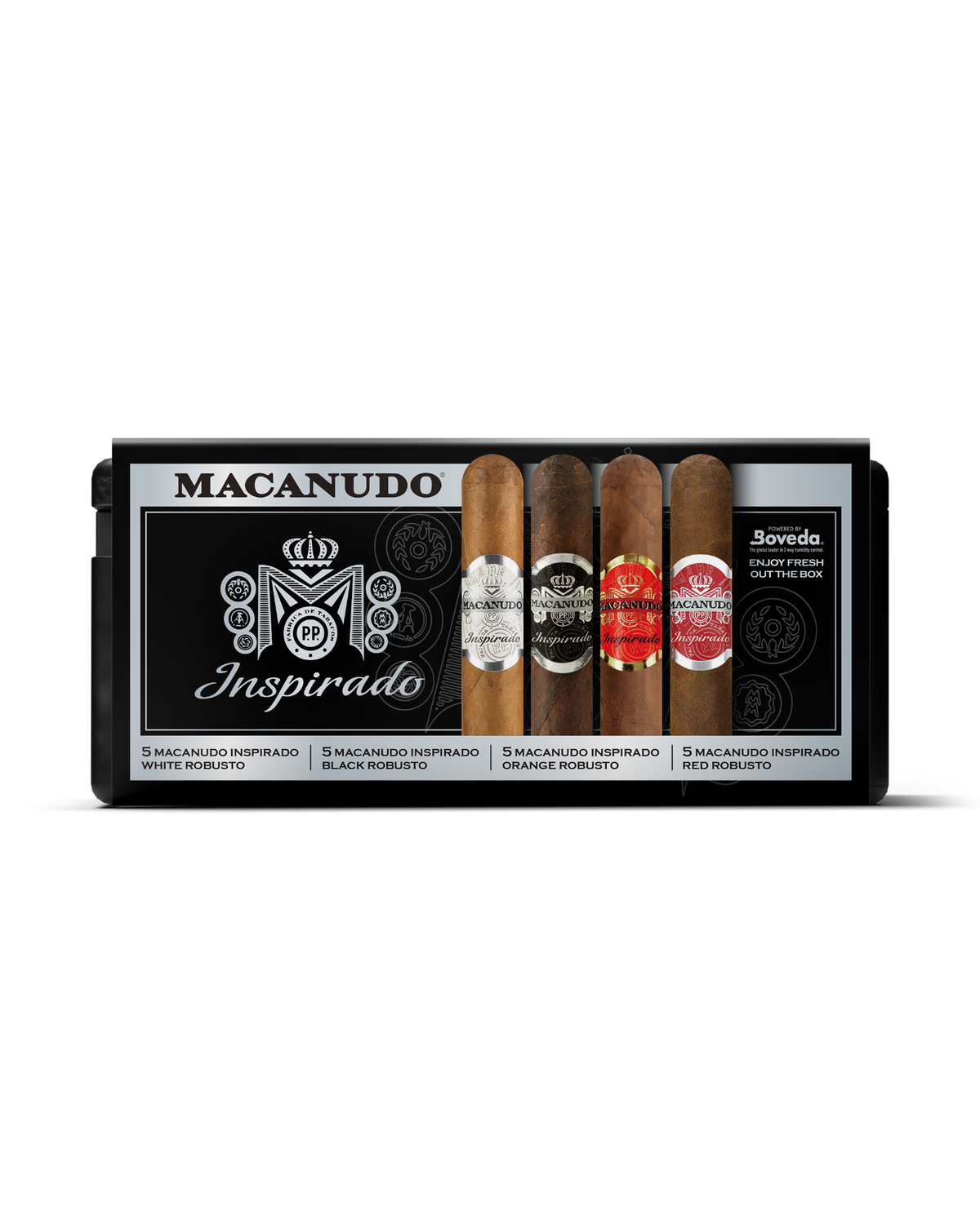 Macanudo Inspirado White, Black, Orange & Red Cigars Variety Set With Personal Humidor by CigarBros (Box of 5+5+5+5)