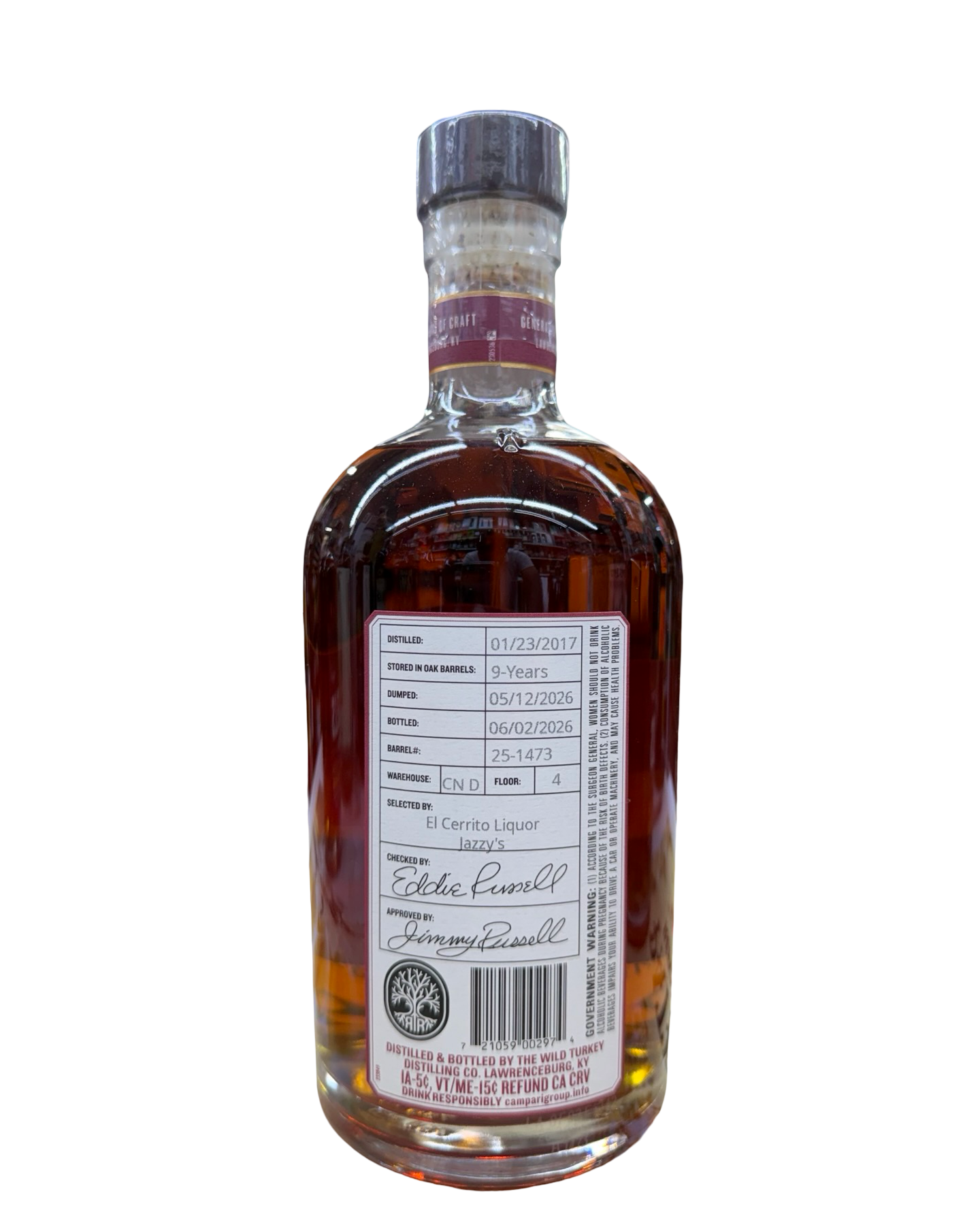 Russell’s Reserve 9 Year Old El Cerrito Liquor × Jazzy’s Wine Store Pick Private Barrel Selection Warehouse CN-D Barrel #25-1473 Kentucky Straight Bourbon Whiskey 750ml