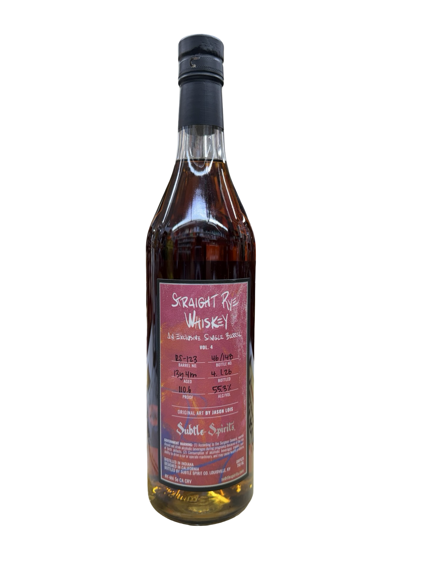 Subtle Spirits 13 Year 4 Month Old El Cerrito liquor Exclusive Single Barrel Vol. 4 Straight Rye Whiskey