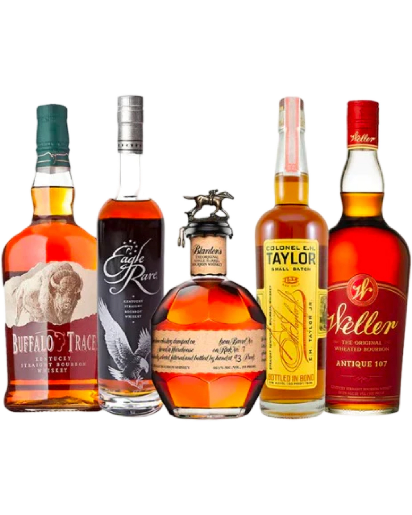 Buffalo Trace, Eagle Rare 10 Year, Blanton's Single Barrel, E.H. Taylor Small Batch and Weller Antique 107 Bourbon Whiskey Bundle 750ml 5-Pack