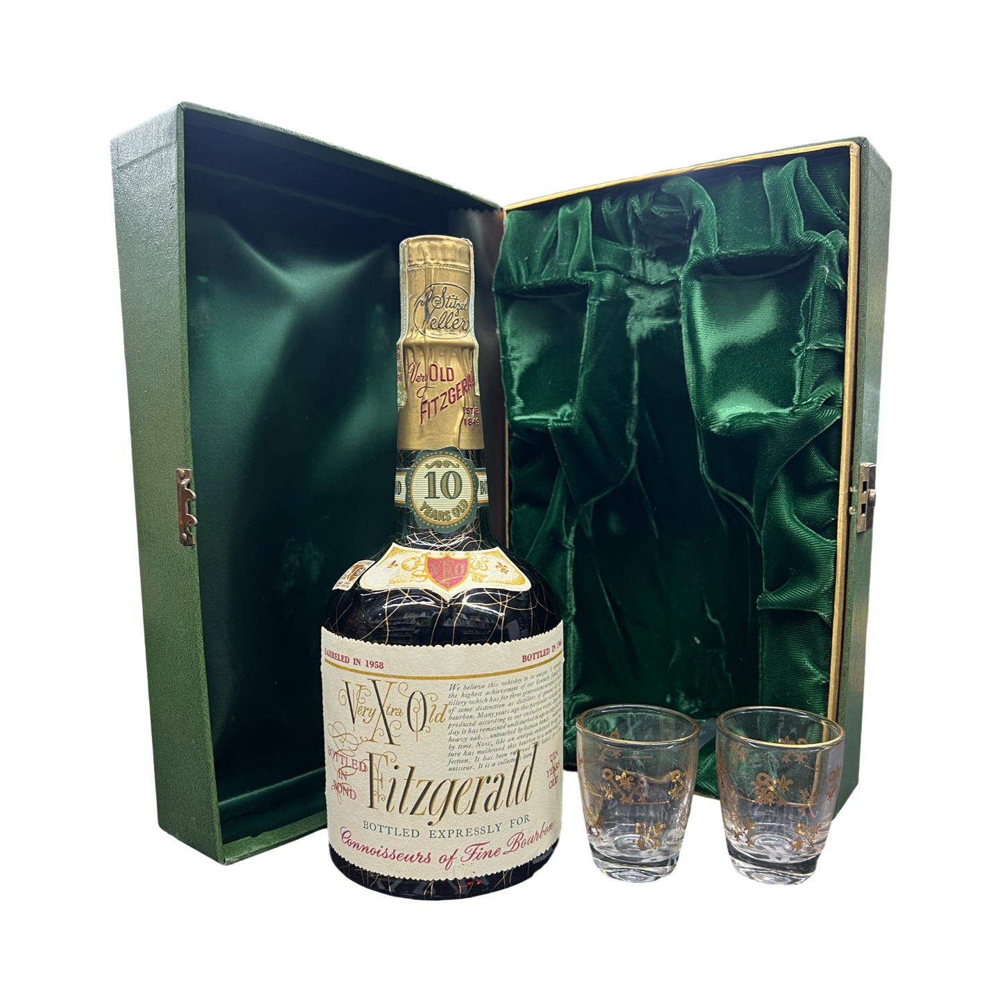 Old Fitzgerald 1958 Very Xtra Old 10 Year Old Straight Bourbon Whiskey With Glasses