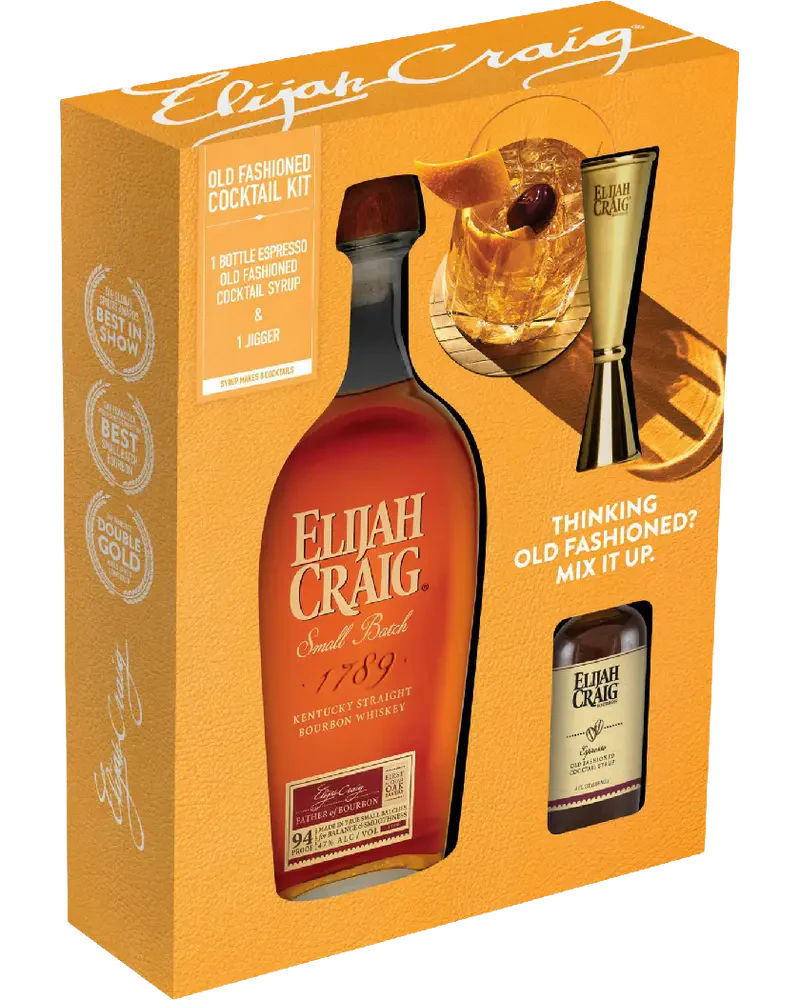Elijah Craig Small Batch Straight Bourbon Whisky with Old Fashioned Cocktail Mix Kit Jigger Gift