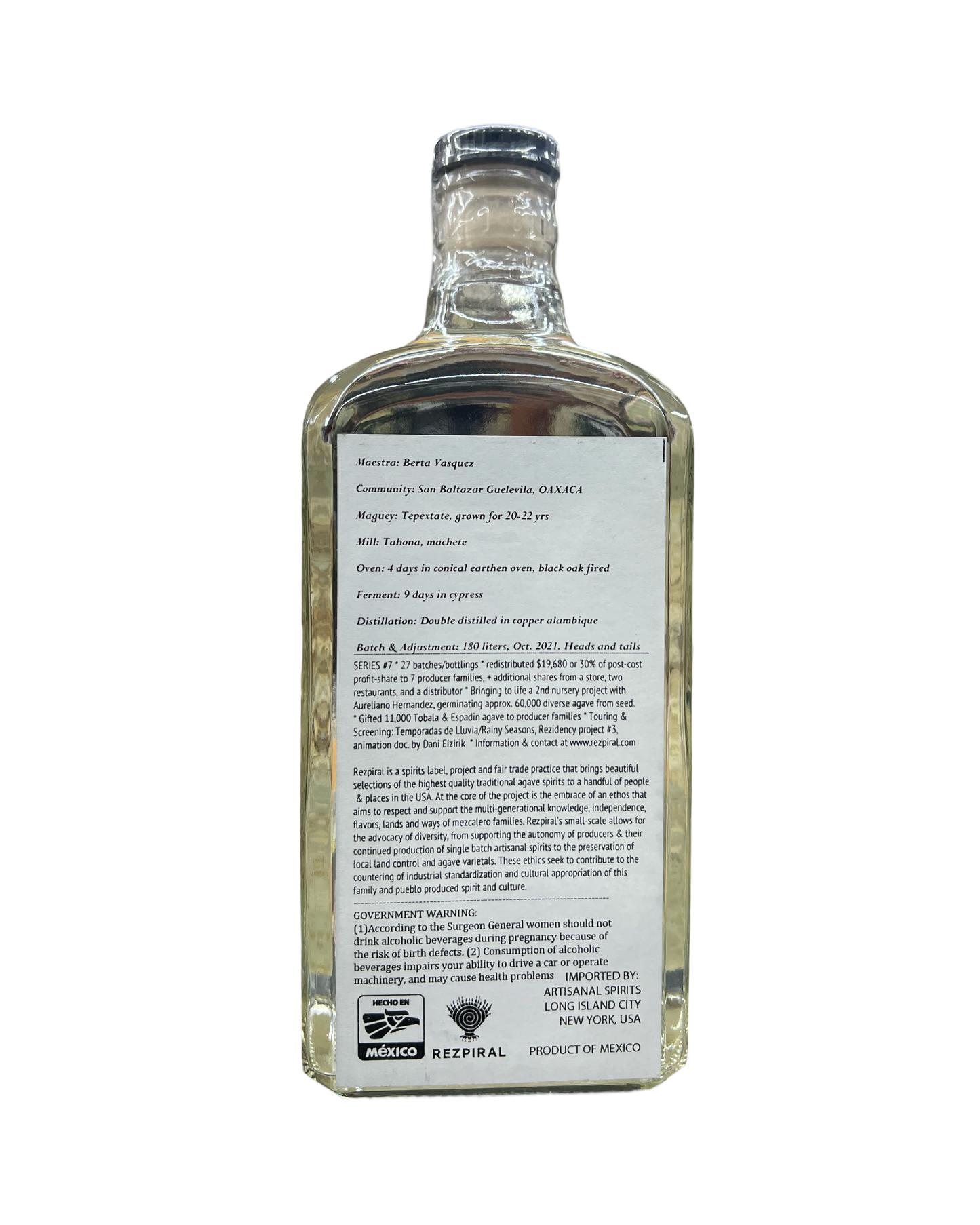 Rezpiral Series 7 Berta Vasquez Tepextate Mezcal 750ml