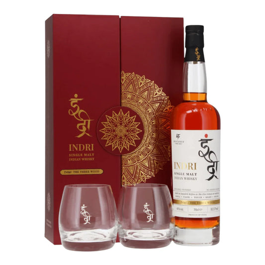 Indri Trini The Three Wood Indian Single Malt Whisky 700ml With Glasses Gift Pack
