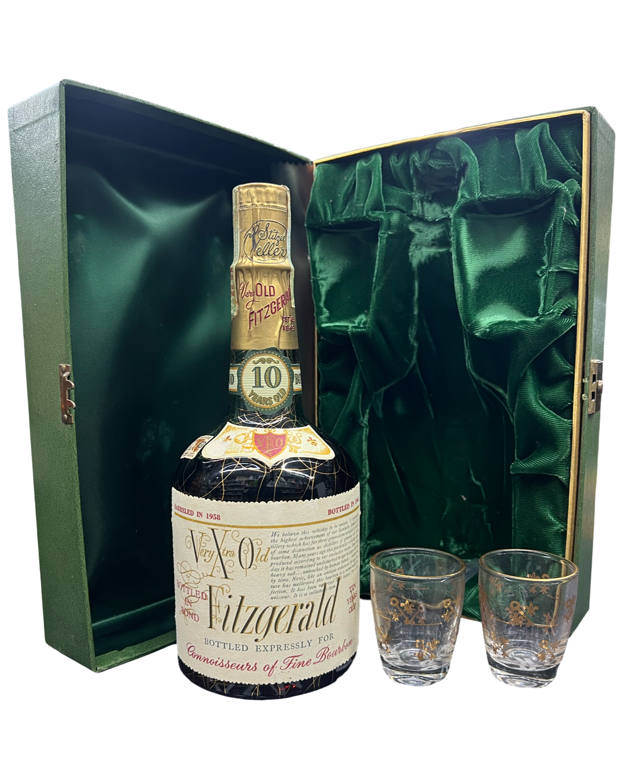 Old Fitzgerald 1958 Very Xtra Old 10 Year Old Straight Bourbon Whiskey With Glasses