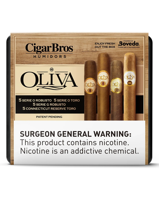 Oliva Connecticut Reserve, Serie G Toro, Serie O Toro & Serie O Robusto Cigars Variety Set With Personal Humidor by CigarBros (Box of 5+5+5+5)