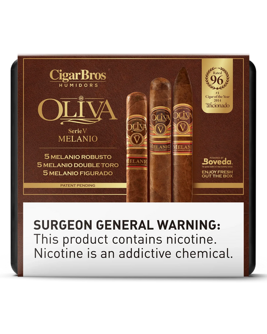 Oliva Serie V Melanio Robusto, Melanio Double Toro & Melanio Figurado Cigars Variety Set With Personal Humidor by CigarBros (Box of 5+5+5+5)
