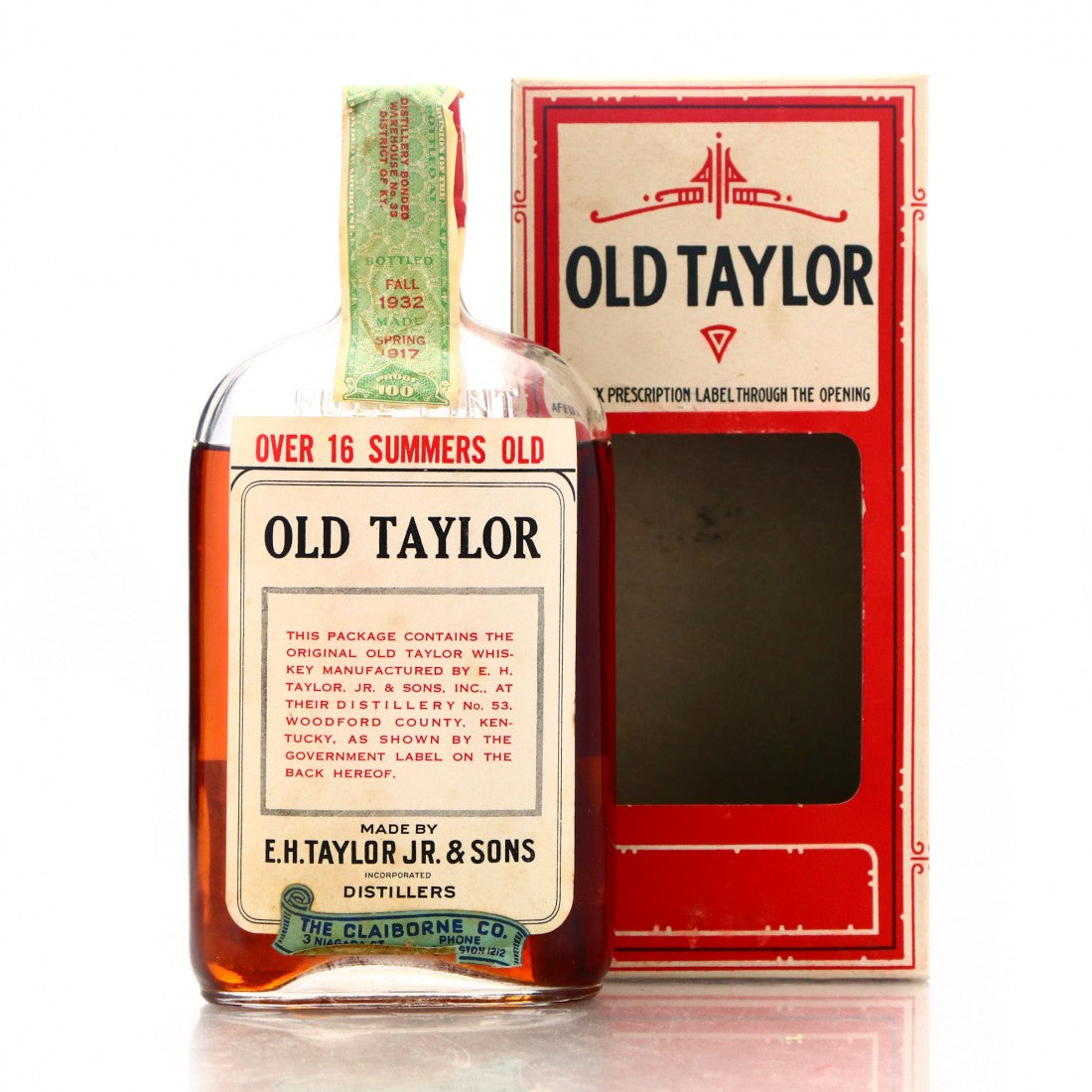 1917 Old Taylor Bottled in Bond 16 Year Old Prohibition Era Bottling Pint 750ml