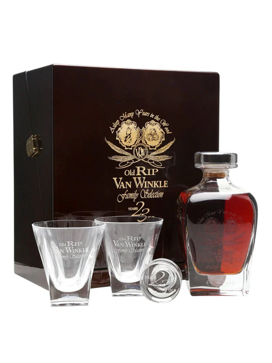 Old Rip Van Winkle Pappy Van Winkle's Family Selection 23 Year Old Kentucky Straight Bourbon Whiskey with Glasses and Decanter